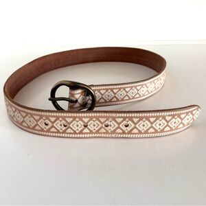 Lucky Brand Tan and White Leather Belt with Antique Brass Buckle Size Medium